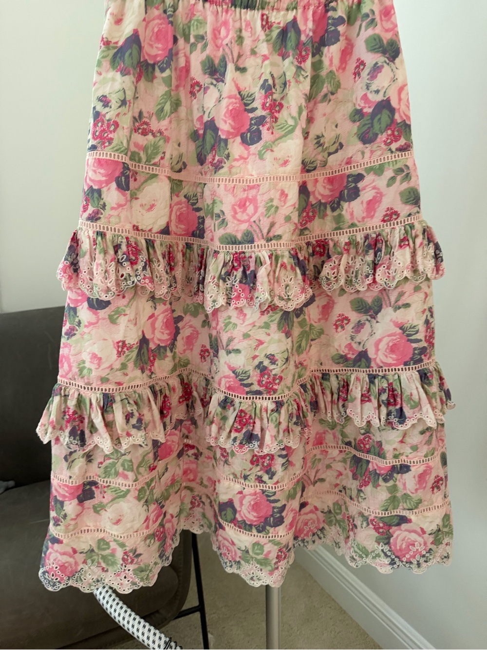 LoveShackFancy Pink Floral Tiered Midi Skirt